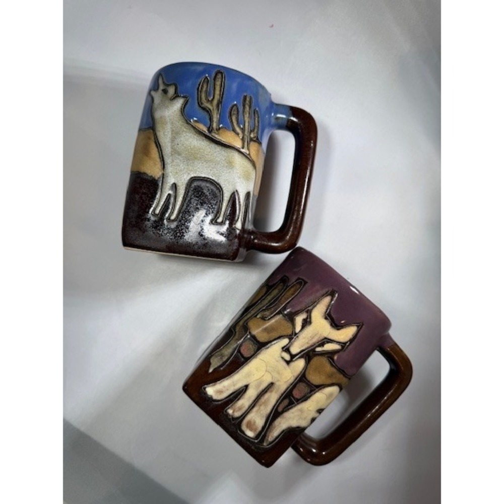Mara Mexico Studio Art Pottery Mugs Set of 2 Coyote Cactus Square Bottom Mugs